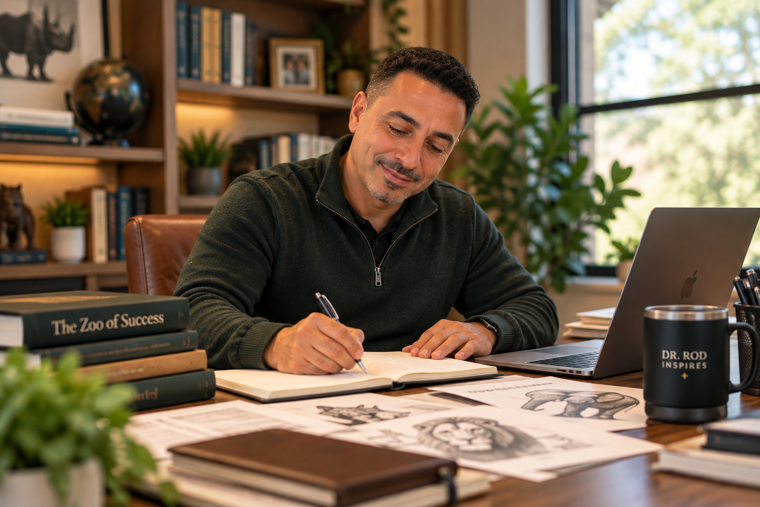 Dr. Rod writing at his desk while developing The Zoo of Success.