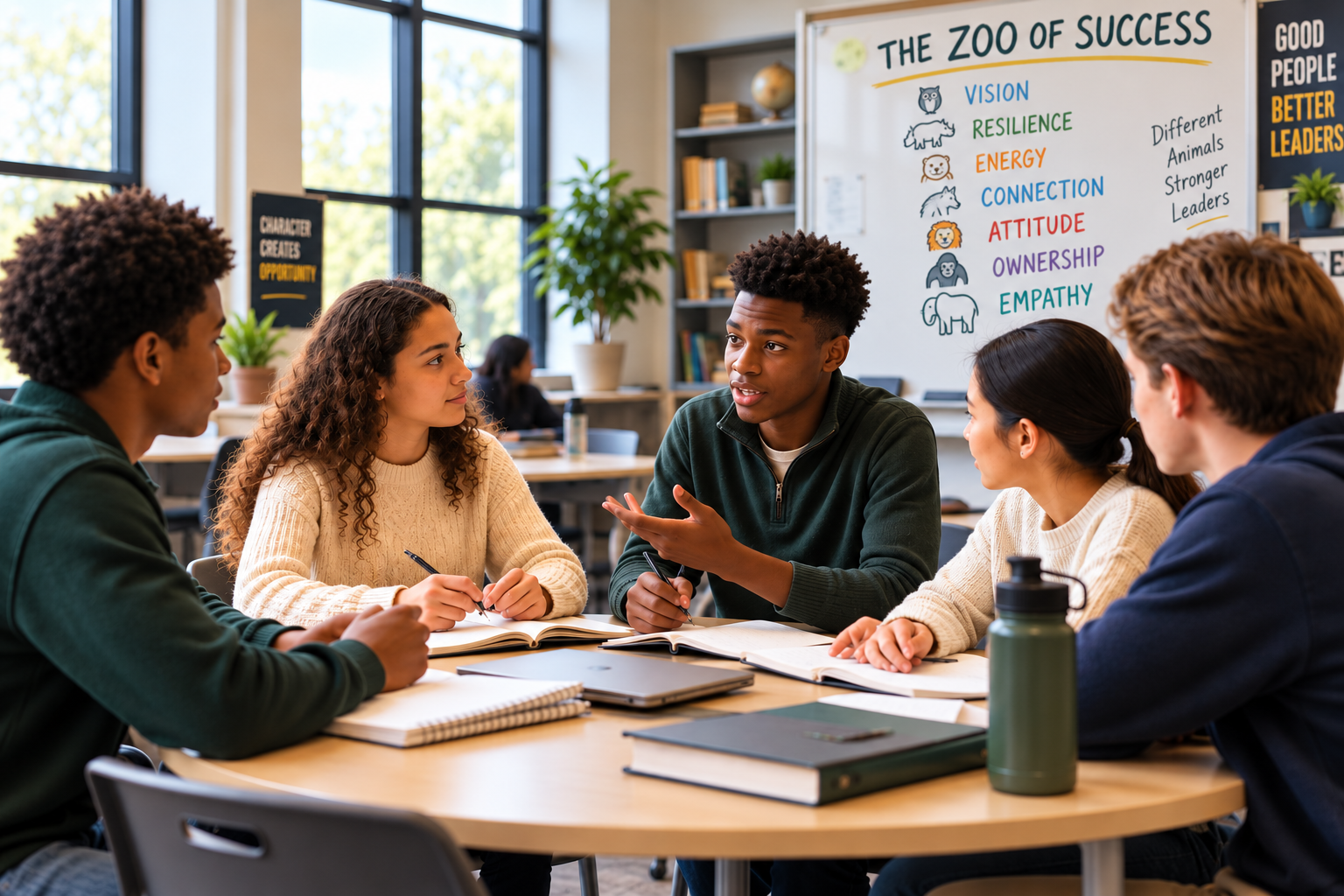 Students collaborating around a table in a bright classroom with The Zoo of Success leadership traits on the whiteboard