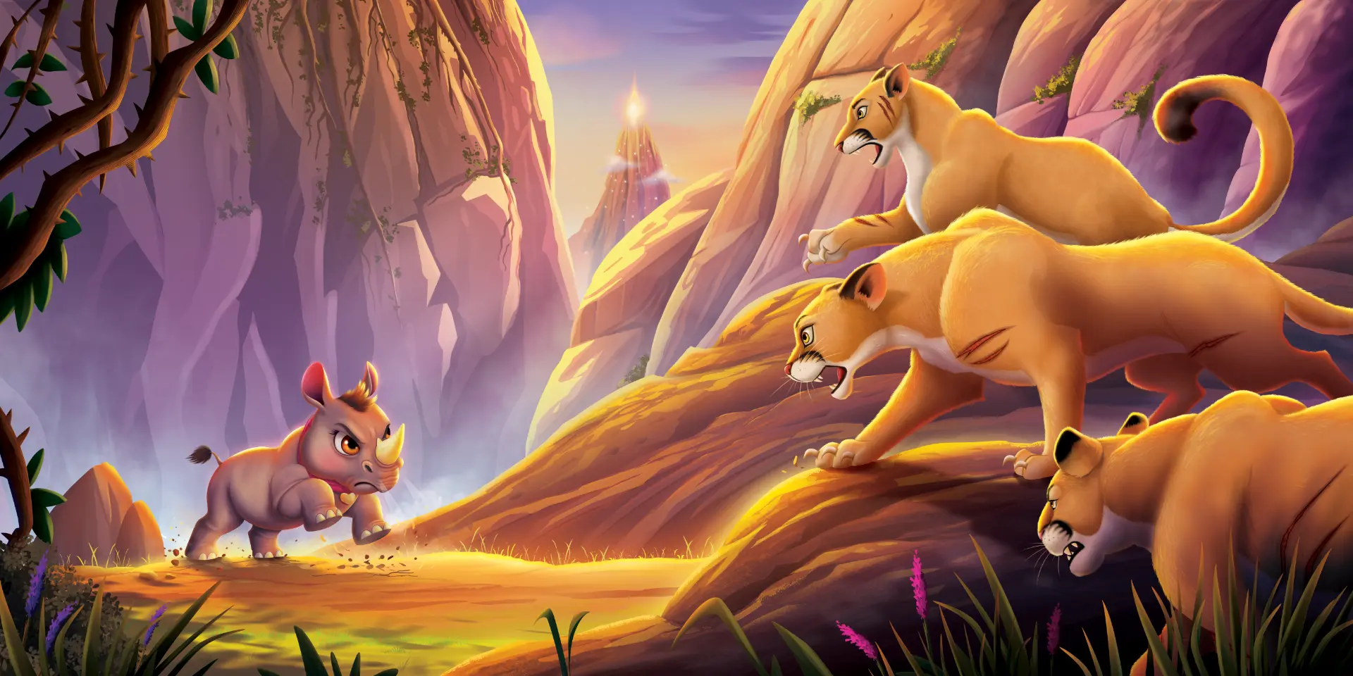 Faith, a small rhino, stands her ground on a golden mountain path as three mountain lions block the way, with the glowing peak of Magic Mountain in the distance