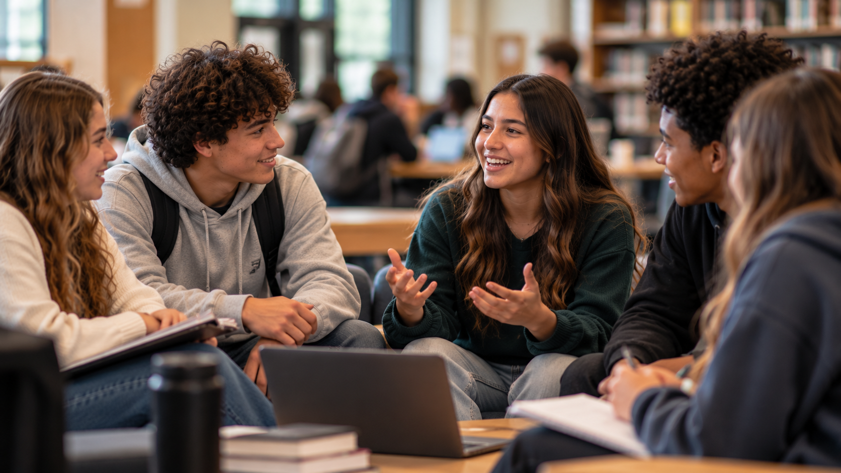 Students discussing ideas together in a school learning space.