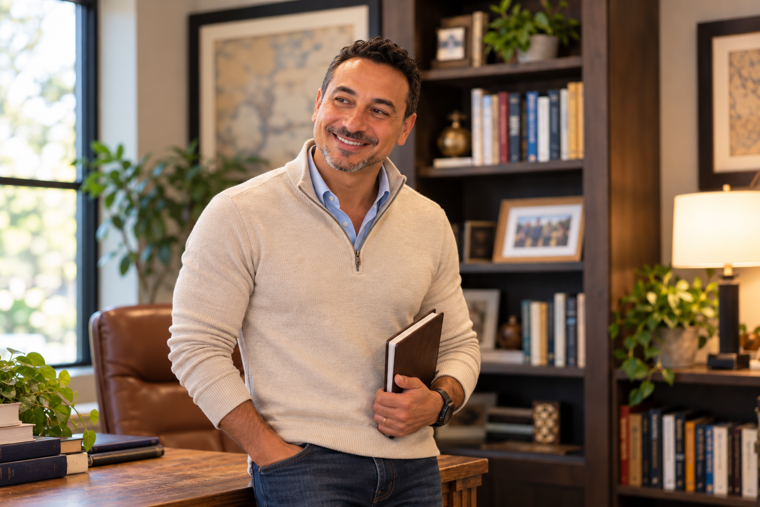 Dr. Rod standing in his office holding a notebook, surrounded by bookshelves