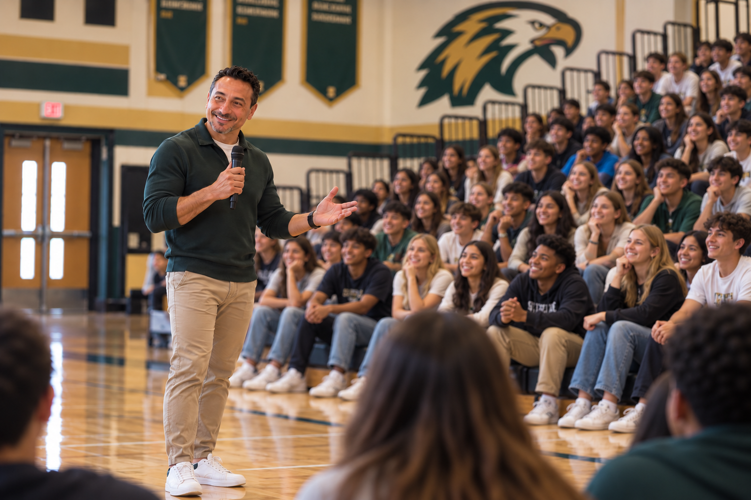 Dr. Rod speaking with a microphone to students gathered in a school gymnasium
