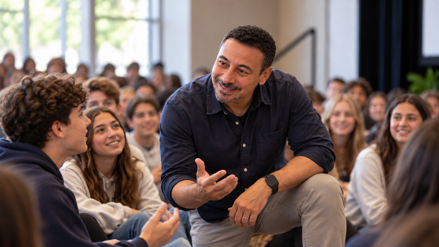 Dr. Rod engaging in conversation with a group of students.