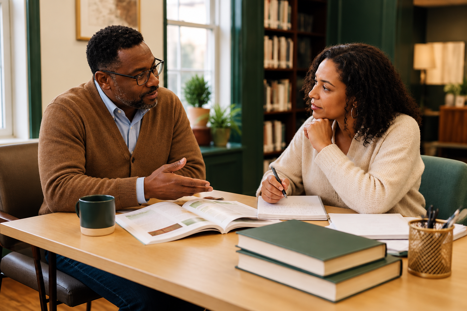 Two adults in conversation over books and notes in a library setting
