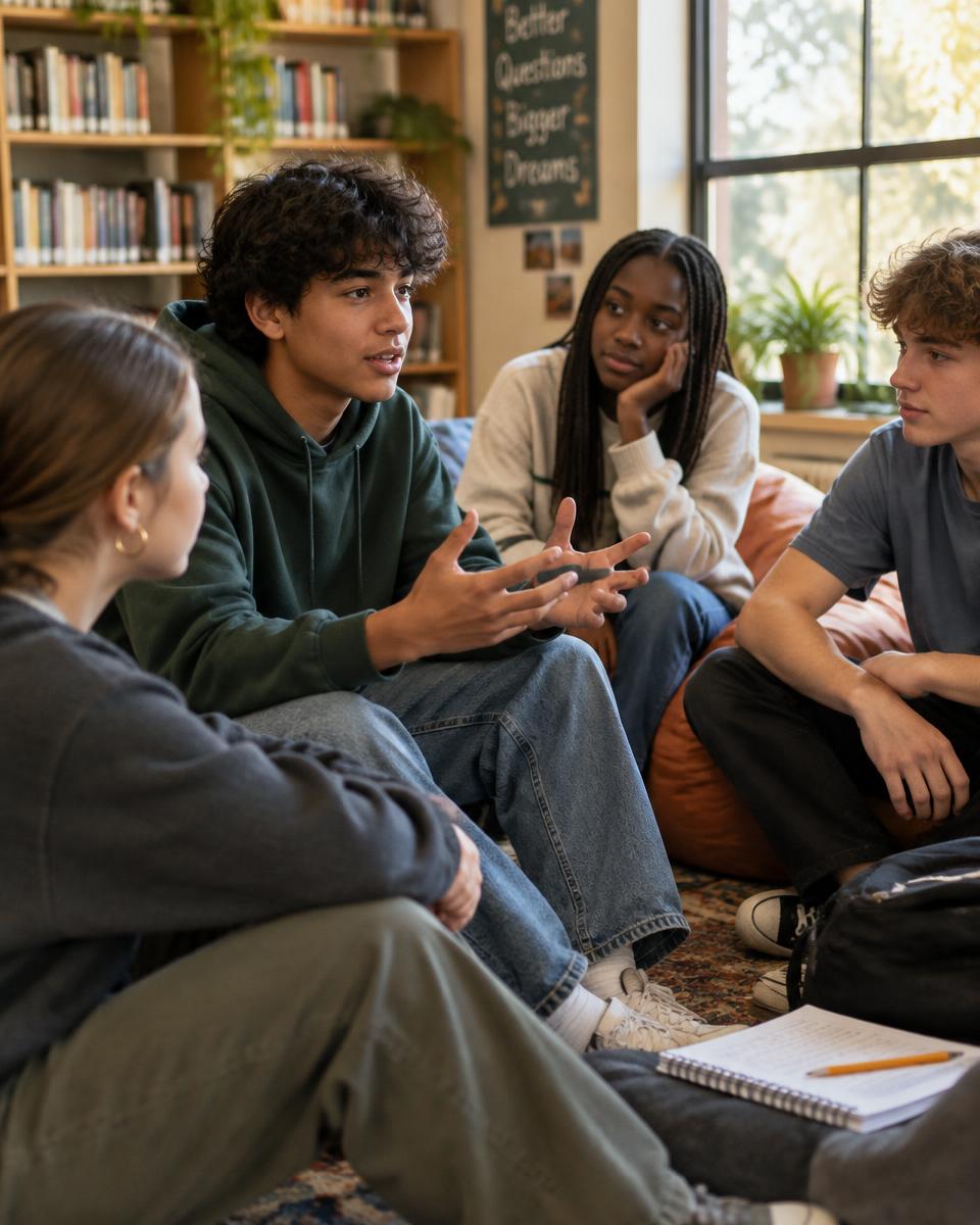 Four teenagers in casual clothes sitting in a circle, talking through ideas together